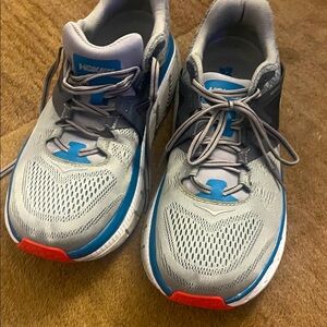 Hoka Men's Athletic Shoes in Gray and Blue with Red Accents